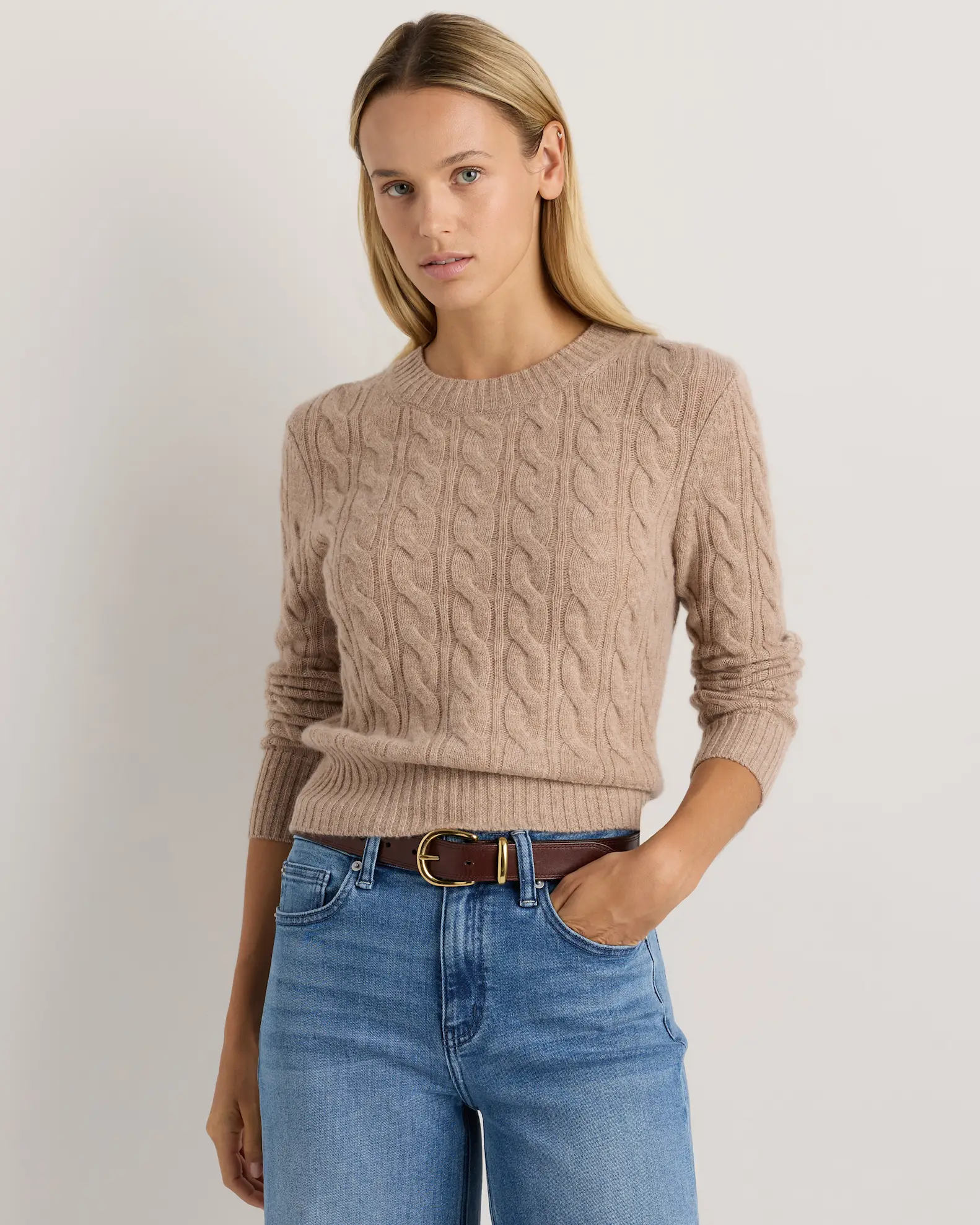 Mongolian Cashmere Shrunken Cable Crewneck Sweater