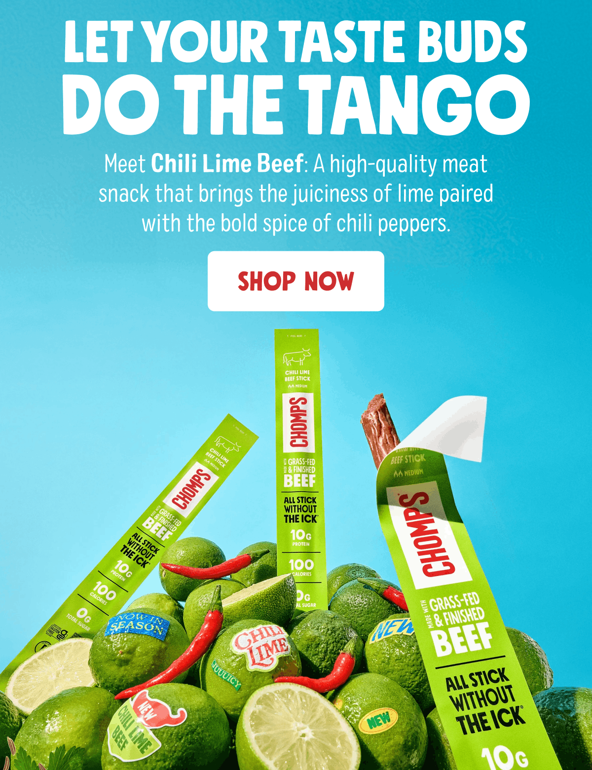 Let Your Taste Buds Do The Tango | Meet Chili Lime Beef: A high-quality meat snack that brings the juiciness of lime paired with the bold spice of chili peppers. | Shop Now
