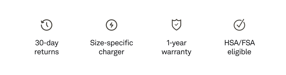 30-day returns. Size-specific charger. 1-year warranty. HSA / FSA eligible.