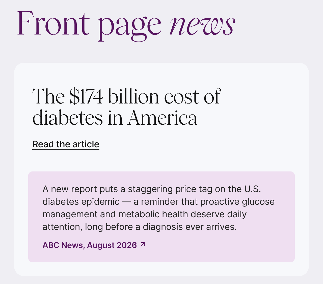 Front page news. The $174 billion cost of diabetes in America.