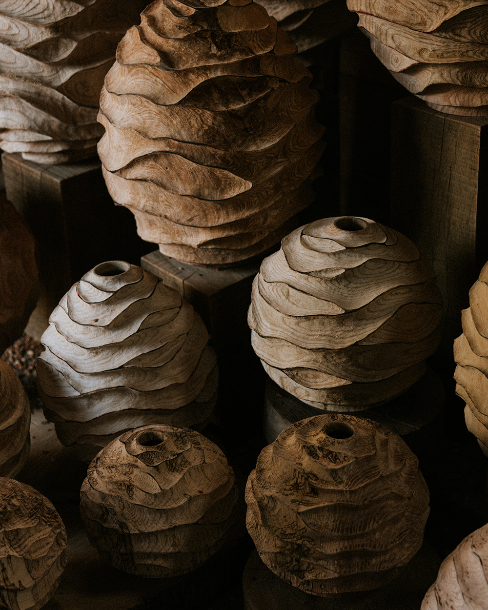 Examples of Oliver Chalk's wooden vases