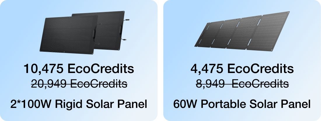 "10,475 EcoCredits 20,949 EcoCredits 2*100W Rigid Solar Panel"	"4,475 EcoCredits 8,949 EcoCredits 60W Portable Solar Panel"	
