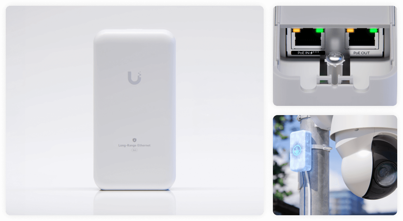 Extend the Long-Range Switch 8 PoE up to 800 meters with an IPX5-rated endpoint featuring built-in surge protection.