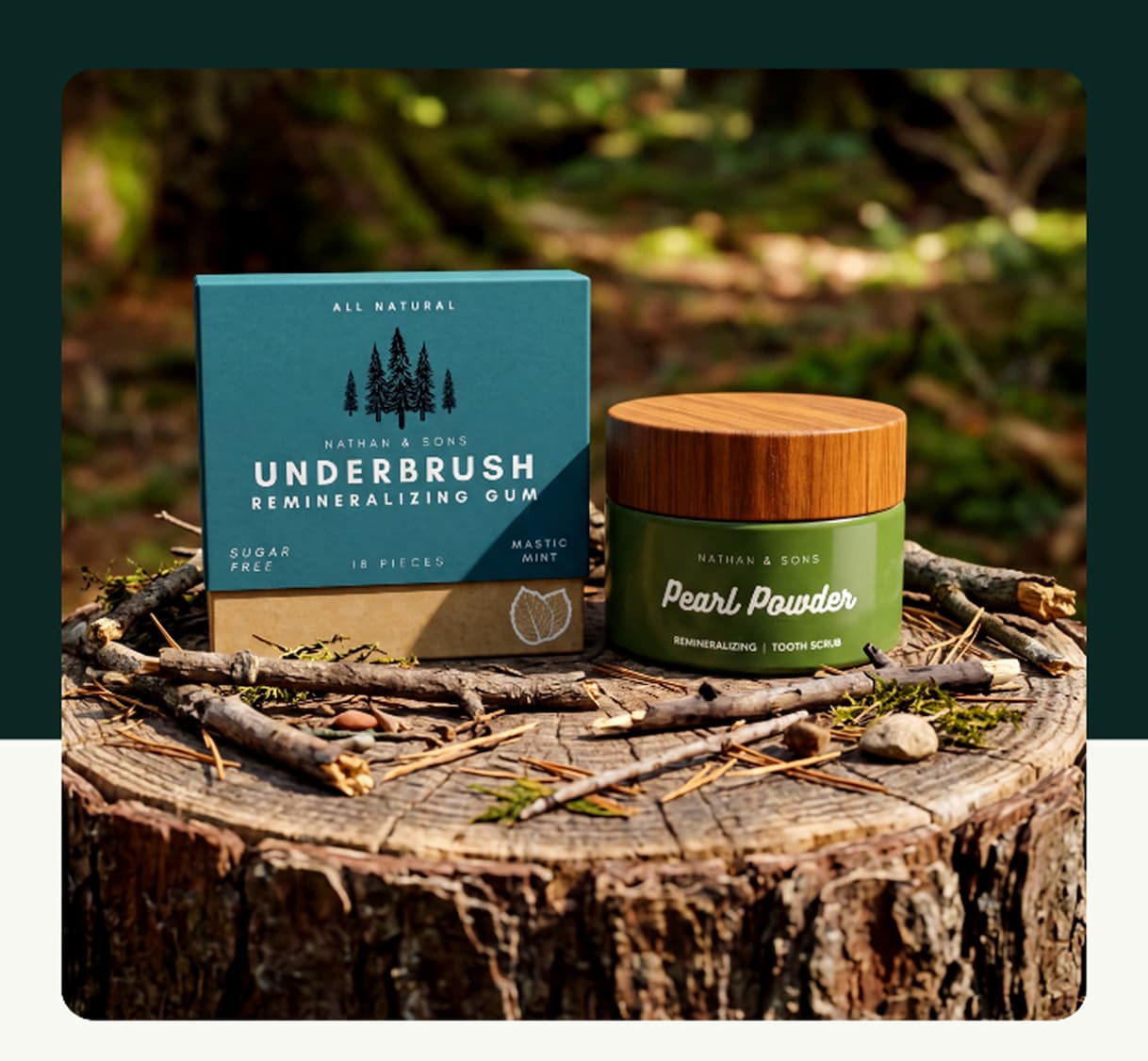 Underbrush gum and Pearl Powder displayed on a tree stump