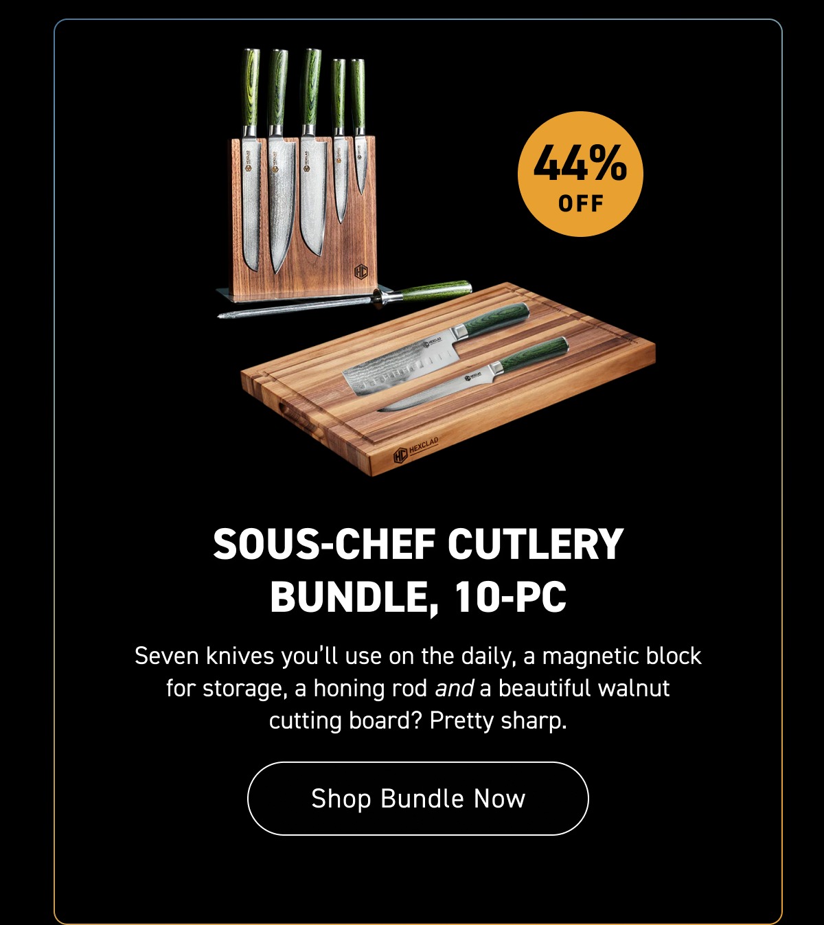 Seven knives you&rsquo;ll use on the daily, a magnetic block for storage, a honing rod and a beautiful walnut cutting board? Pretty sharp.