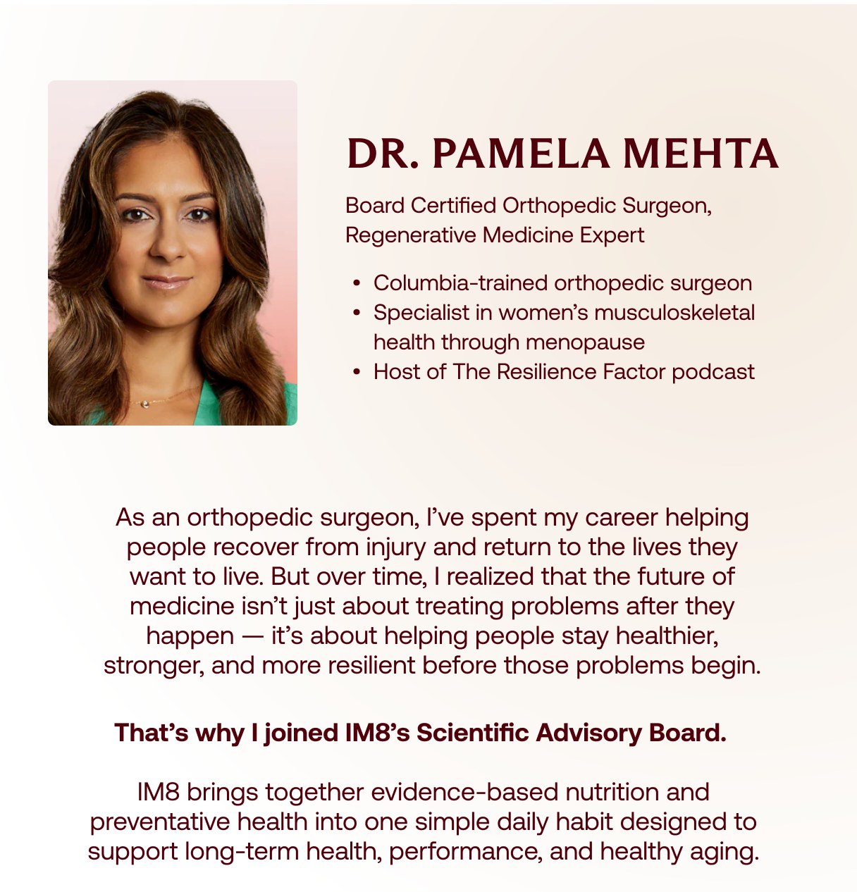 Dr. Pamela Mehta Board Certified Orthopedic Surgeon, Regenerative Medicine Expert Columbia-trained orthopedic surgeon Host of The Resilience Factor&hellip;