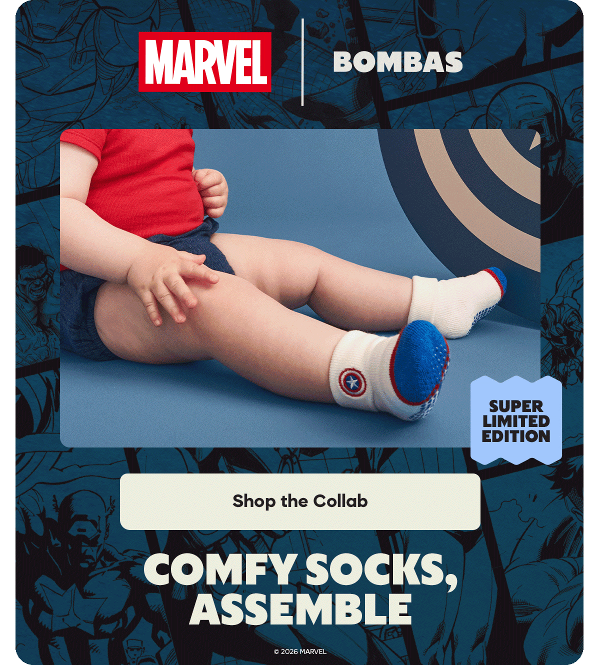 MARVEL. BOMBAS. SUPER LIMITED EDITION. Shop the Collab. COMFY SOCKS, ASSEMBLE. &copy; 2026 MARVEL