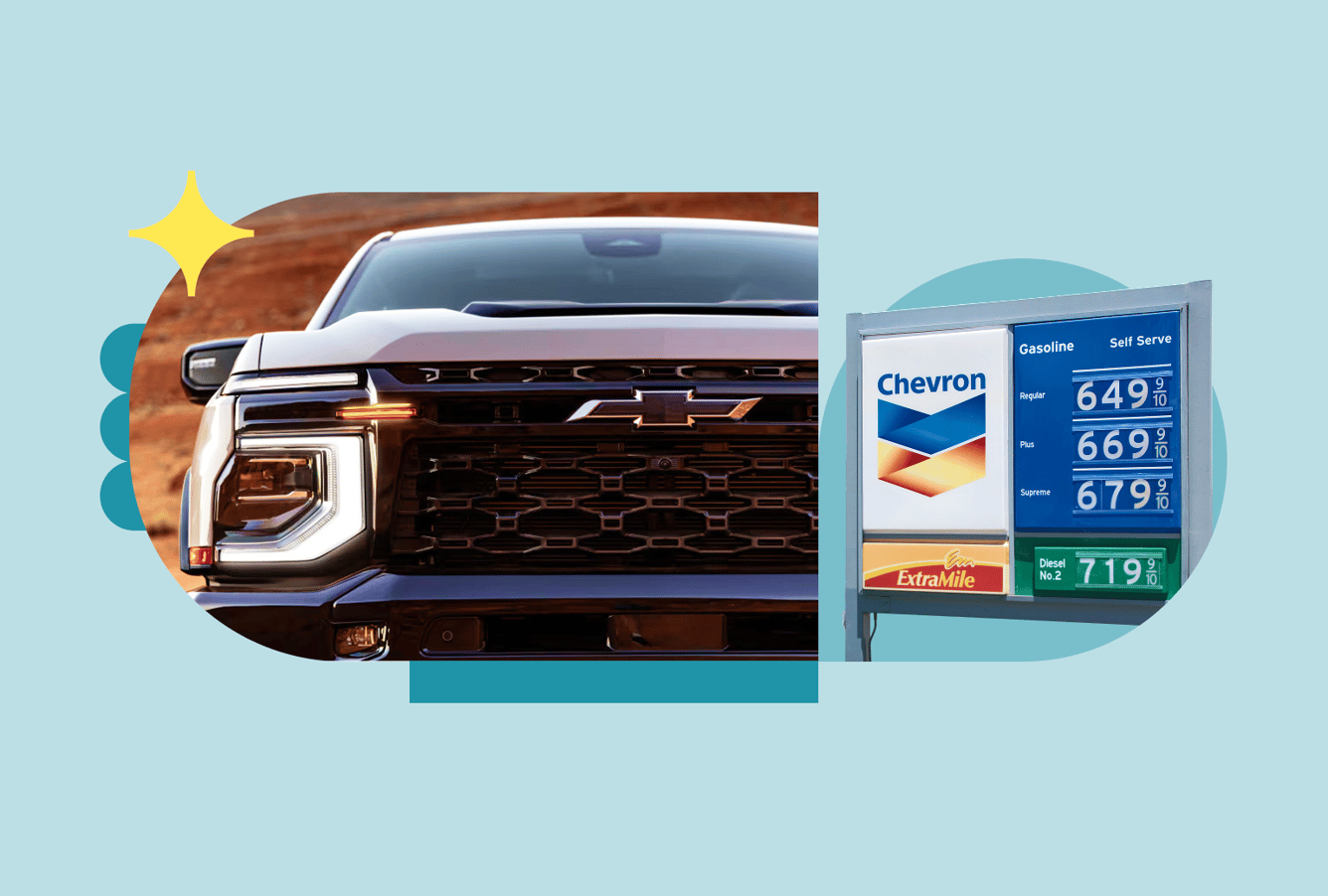 A Chevy truck next to an image of a sign with fuel prices