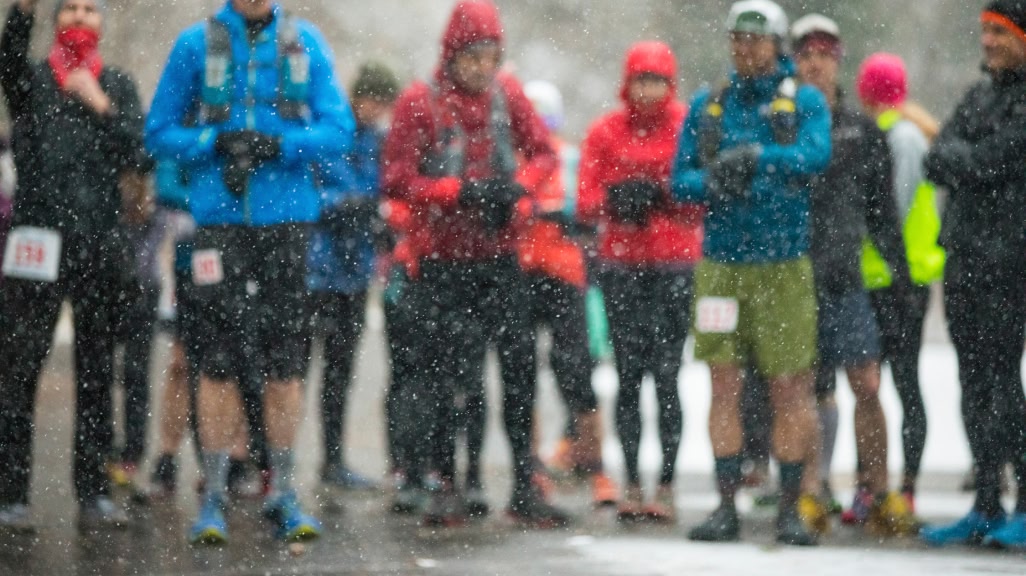 A rainy day at the starting line for a race.