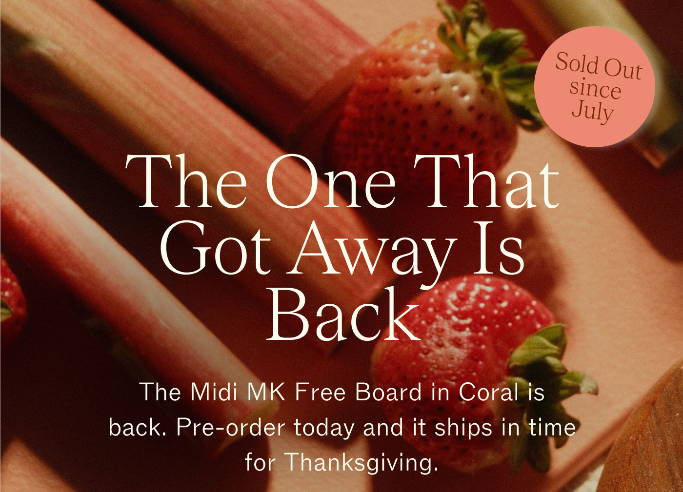 Sold Out since July  The One That Got Away Is Back The Midi MK Free Board in Coral is back. Pre-order today and it ships in time for Thanksgiving.