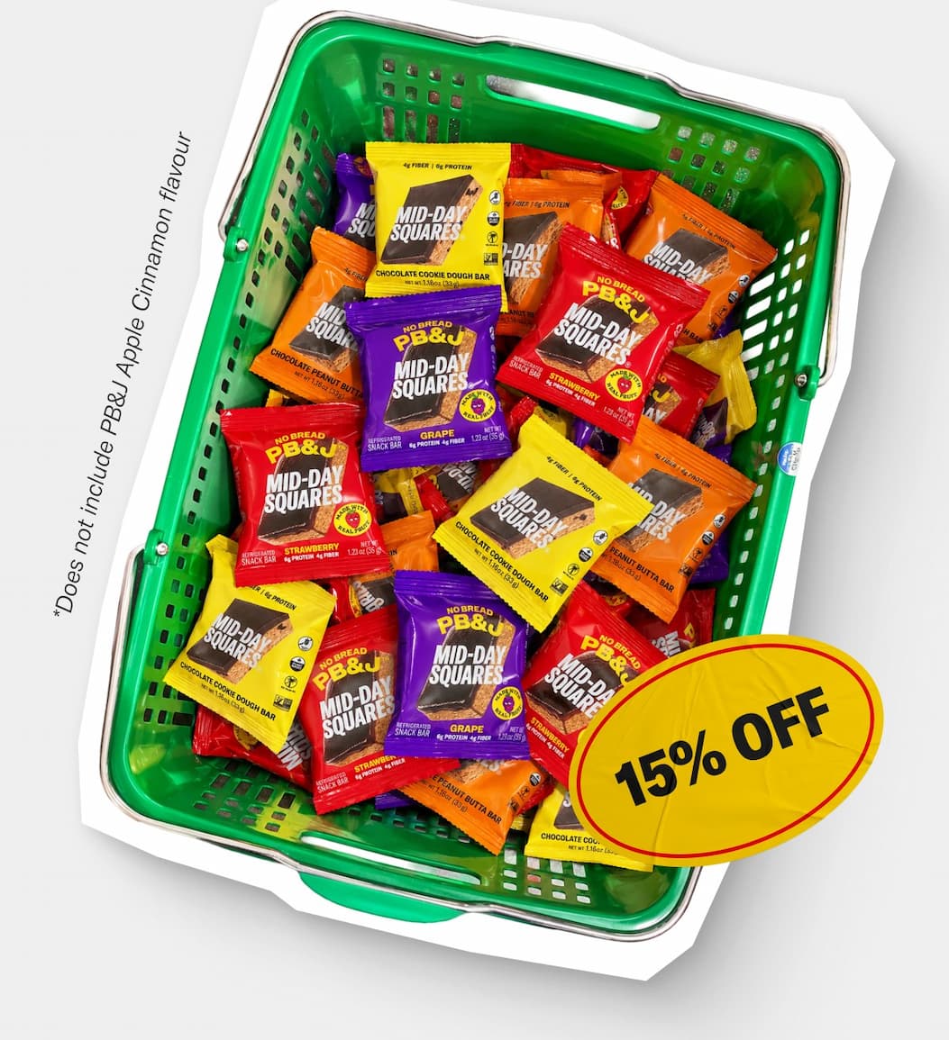 A basket full of Mid-Day Squares, 15% off. Does not include PB&J Apple Cinnamon flavour.