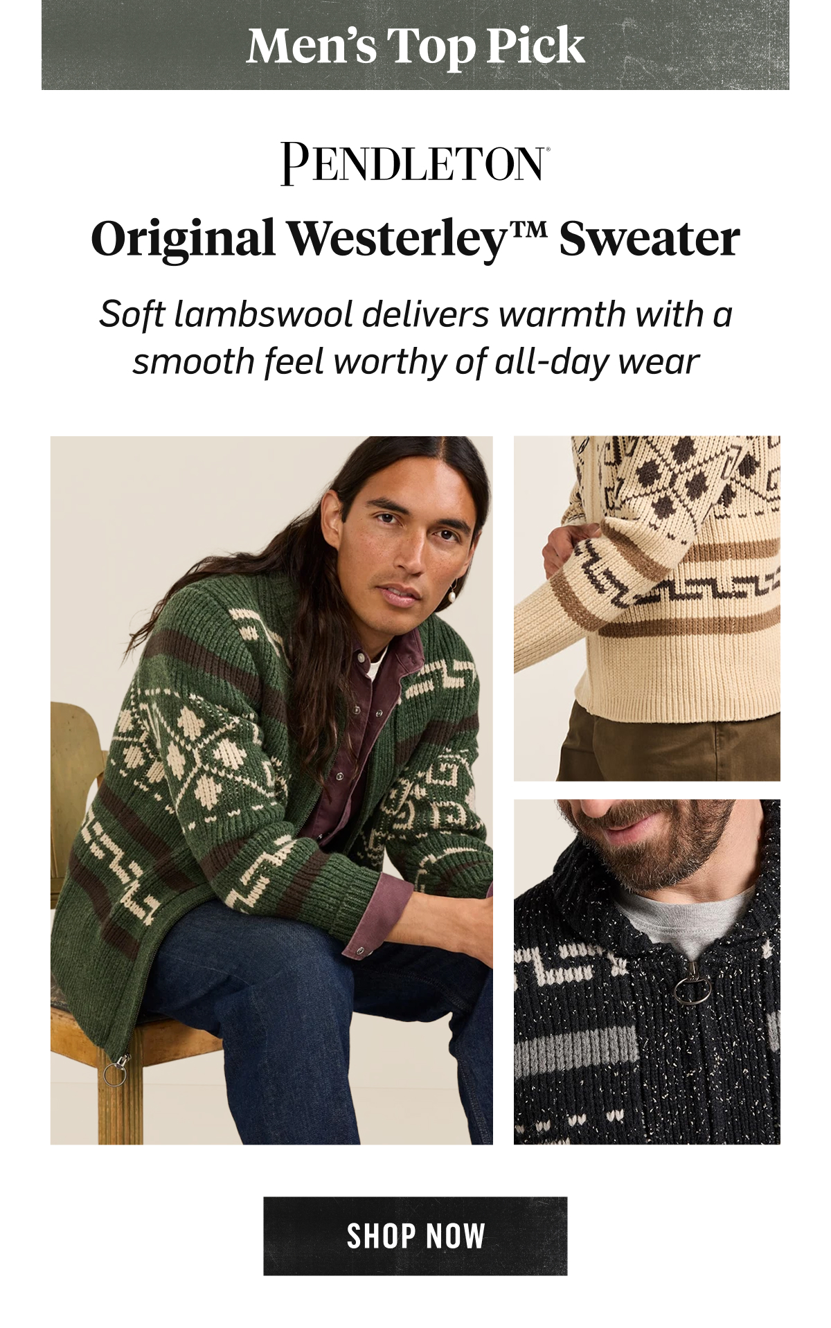 Men's Top Pick: Pendleton Original Westerley Sweater, soft lambswool for all-day wear. Shop Now!