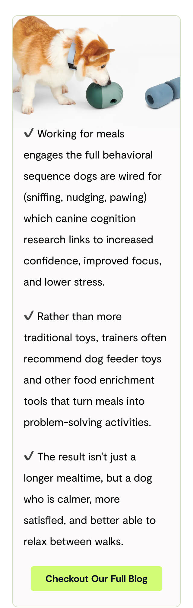 ✔️ Working for meals engages the full behavioral sequence dogs are wired for (sniffing, nudging, pawing) which canine cognition research links to increased confidence, improved focus, and lower stress. - ✔️ Rather than more traditional toys, trainers often recommend dog feeder toys and other food enrichment tools that turn meals into problem-solving activities. - ✔️ The result isn't just a longer mealtime, but a dog who is calmer, more satisfied, and better able to relax between walks. - Checkout Our Full Blog
