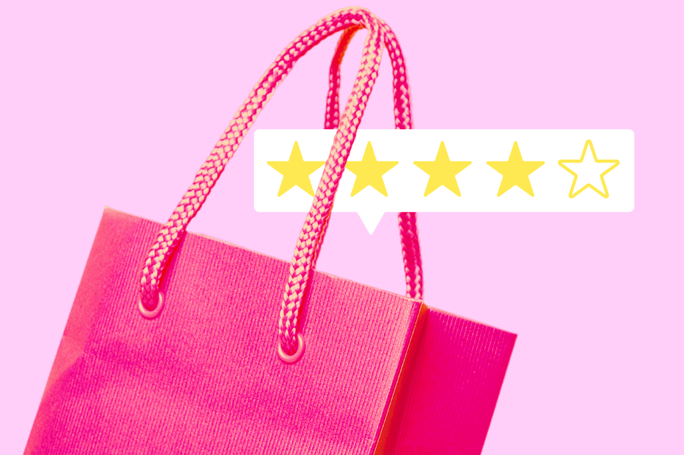 A shopping bag with a four-star rating displayed above it, representing a customer review.
