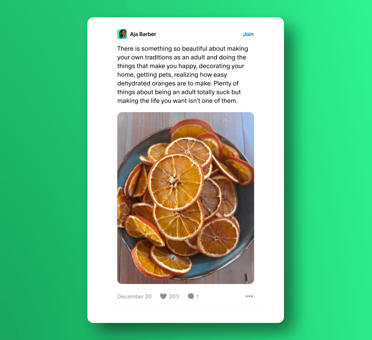 Post about adult traditions with a bowl of dehydrated orange slices.