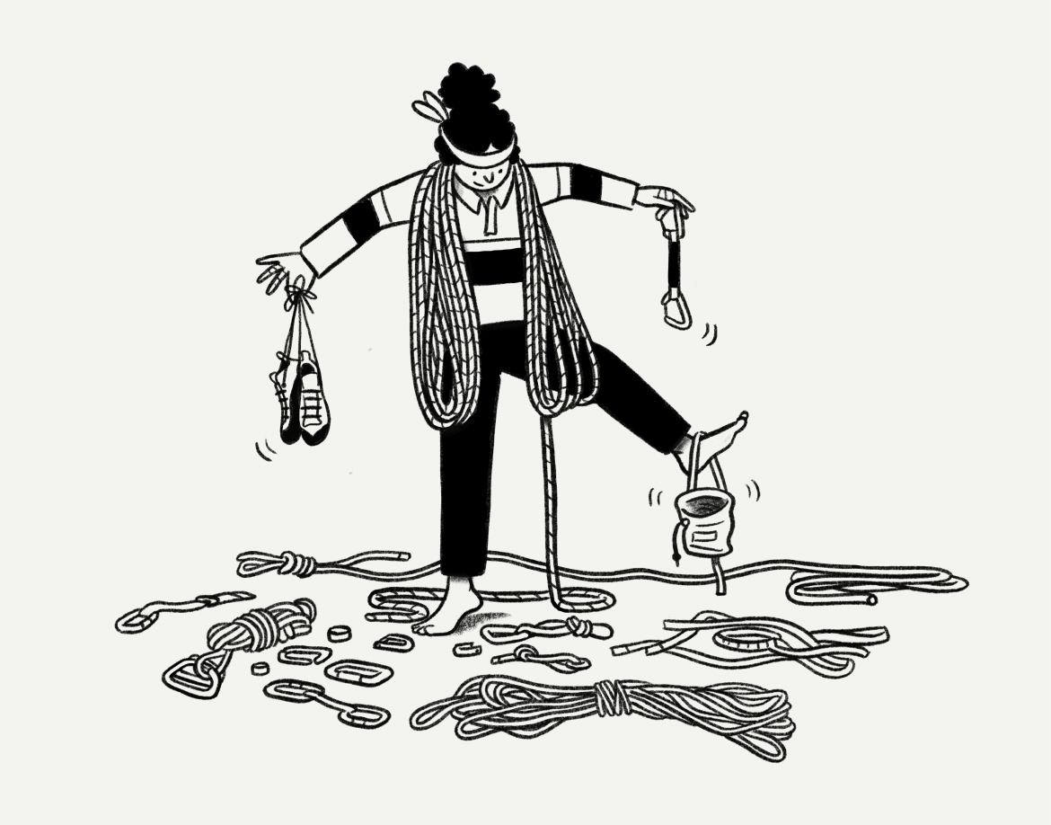 Illustration of a climber sorting gear.
