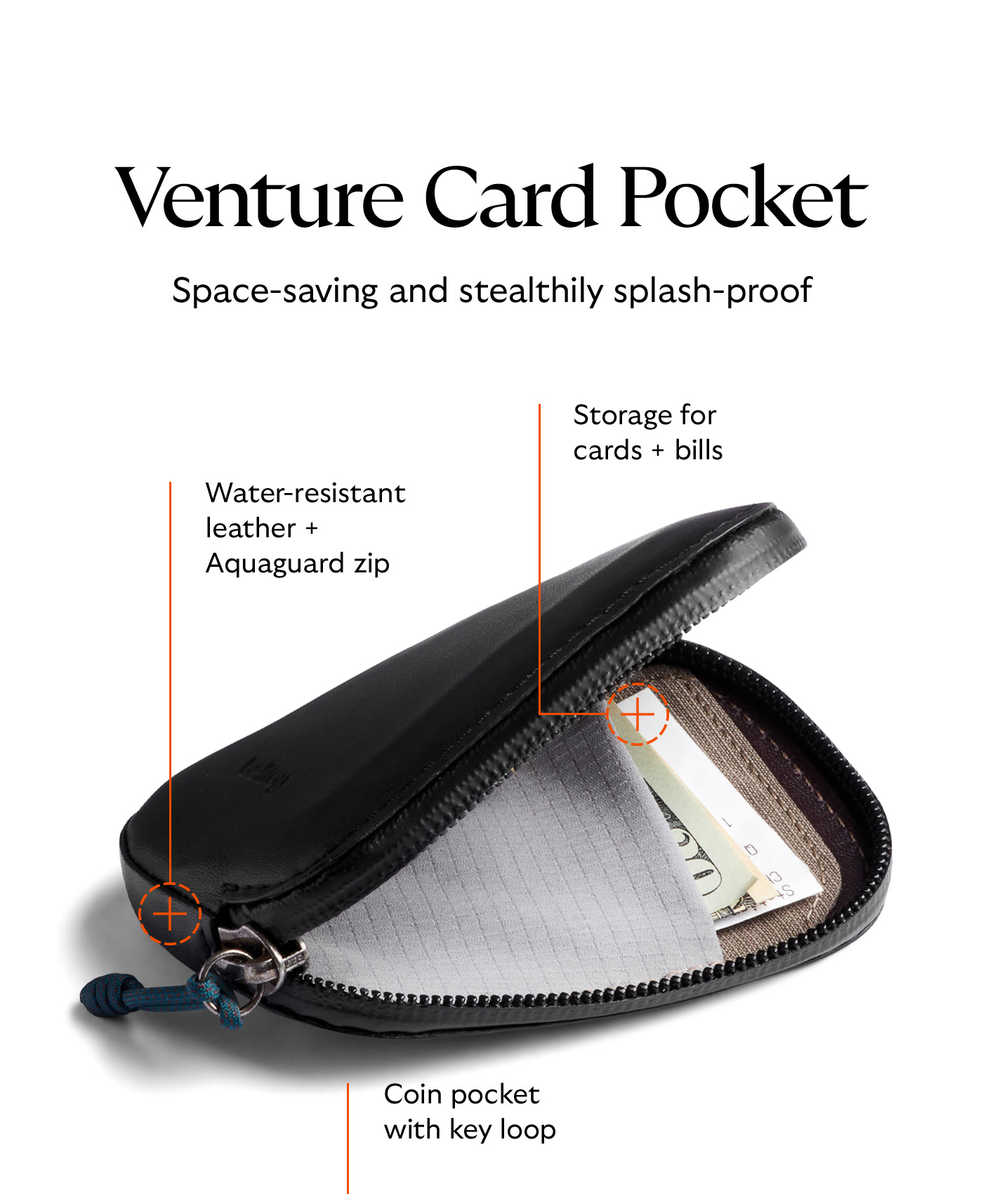 [Header] Venture Card Pocket [Subhead] Space-saving and stealthily splash-proof [Feature arrows] Water-resistant leather + Aquaguard zip Coin pocket with key loop Storage for cards + bills