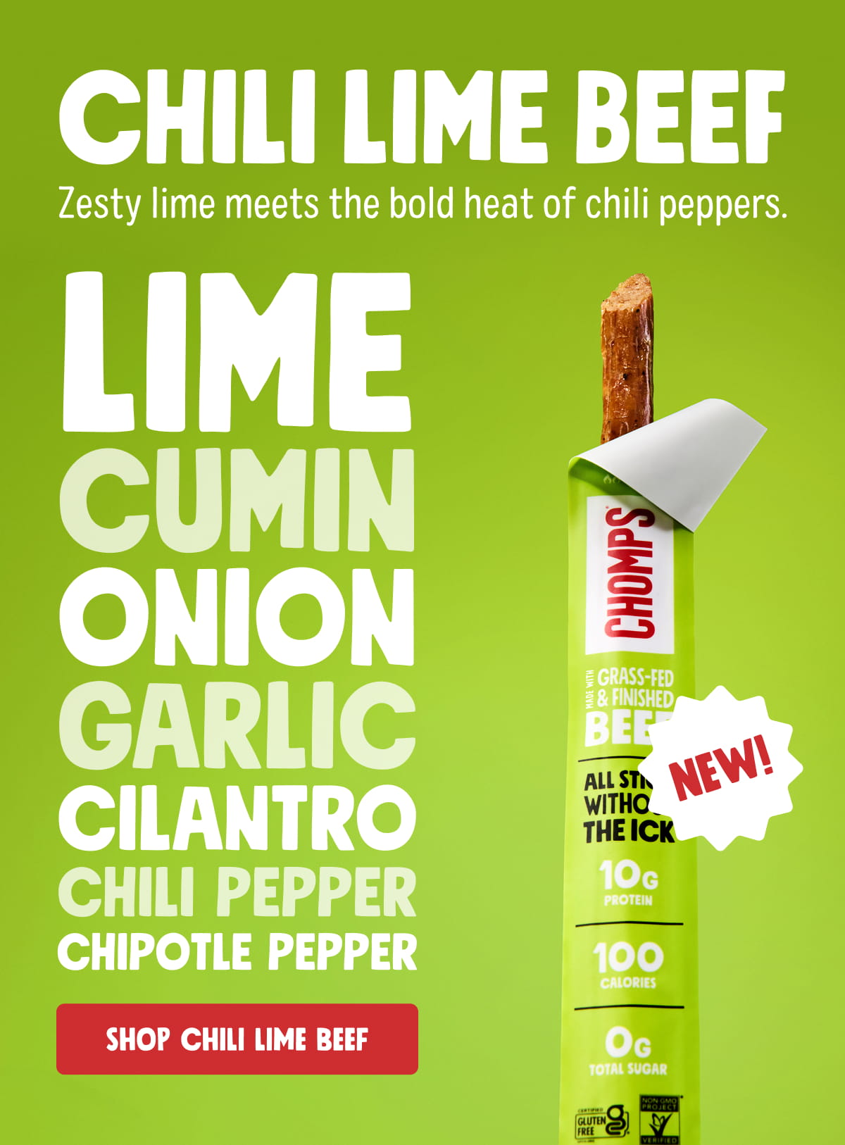 CHILI LIME BEEF | Zesty lime meets the bold heat of chili peppers.  Lime | Cumin | Onion | Garlic | Cilantro | Chili Pepper | Chipotle Pepper | Shop Chili Lime Beef