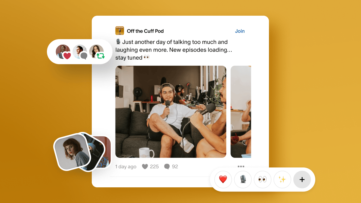 Podcast post with person on couch, microphone, headphones, and engagement icons.