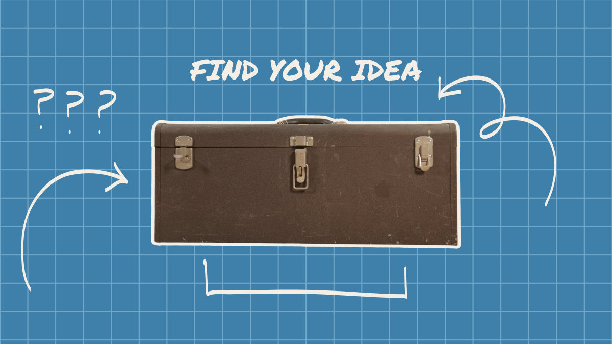 Brown suitcase on blue grid with 'FIND YOUR IDEA' text and arrows.