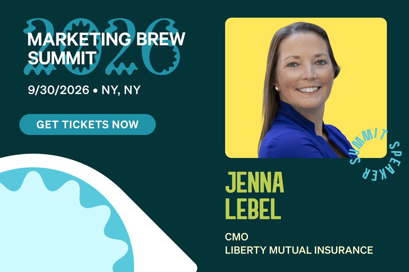 a promotional image for the Marketing Brew Summit taking place on September 30, 2026 in New York, featuring Jenna Lebel, CMO of Liberty Mutual Insurance
