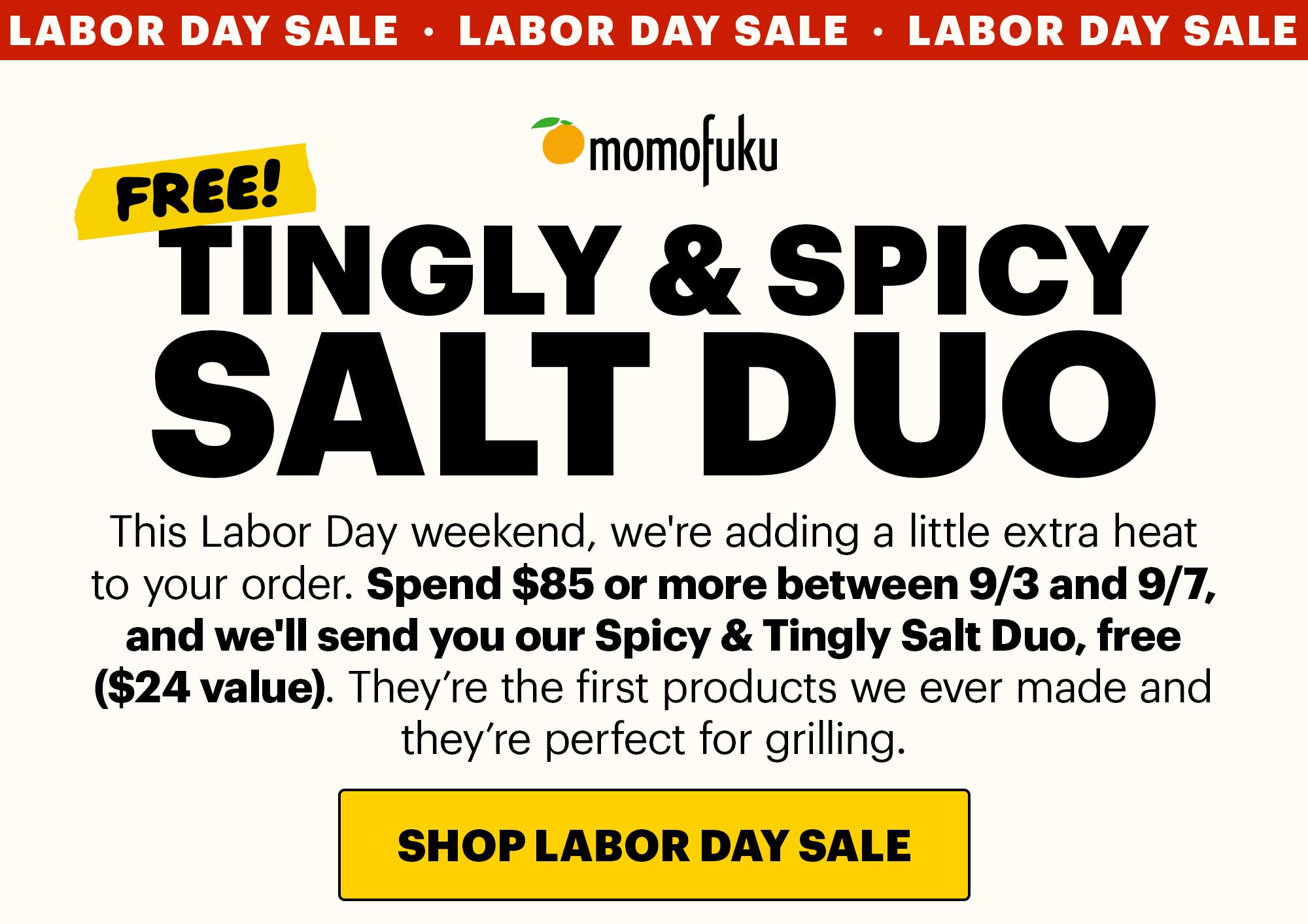 Header: FREE Tingly and Spicy Salt Duo Sub-header: Labor Day Sale CTA: SHOP LABOR DAY SALE