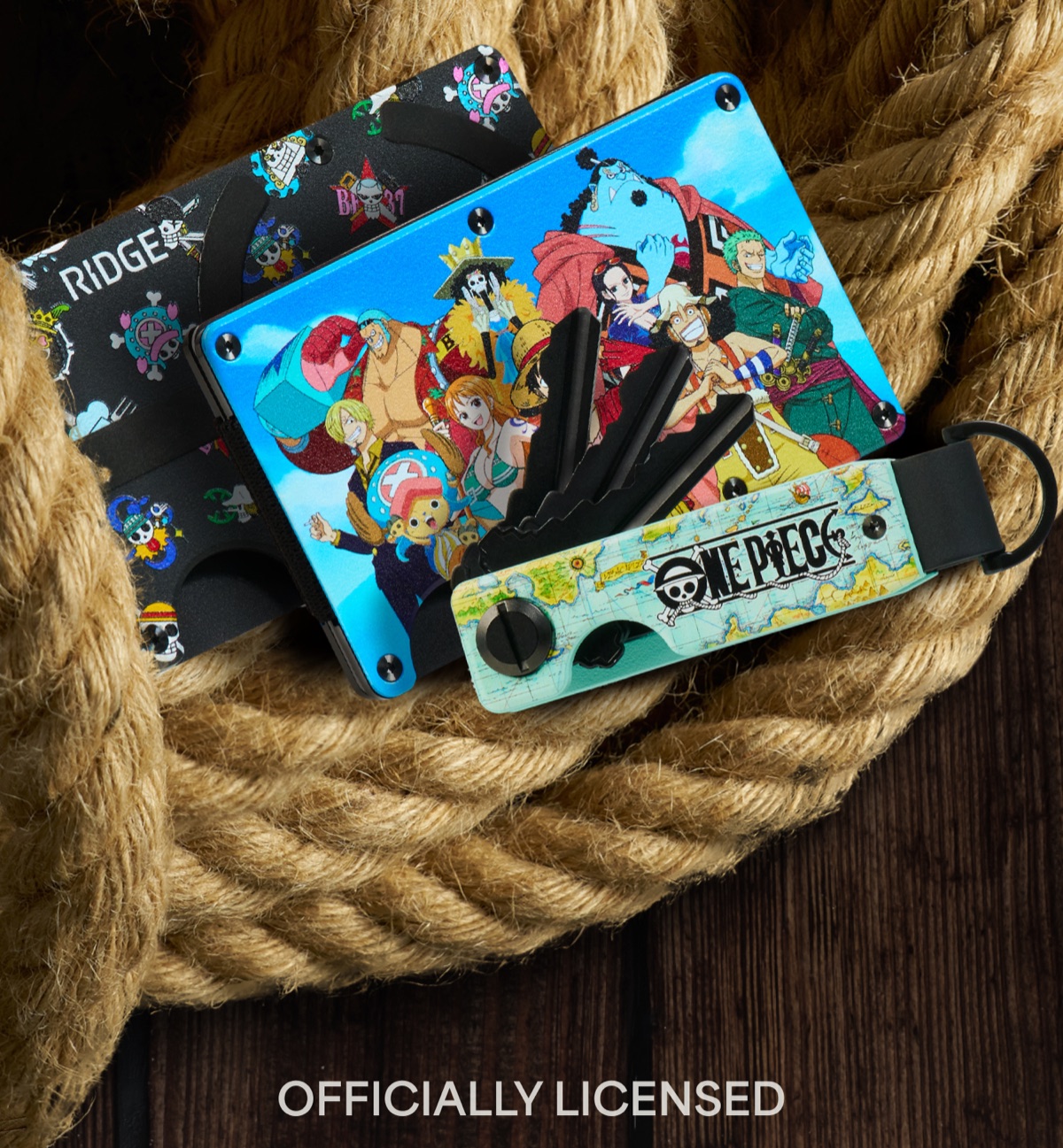 Officially licensed ONE PIECE x Ridge. Straw Hat Crew Wallet, MagSafe Wallet and ONE PIECE KeyCase.