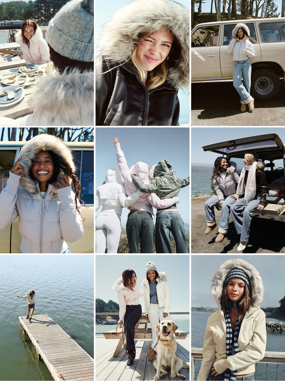 3x3 block of pictures of women in different coats