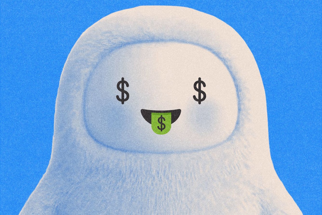 Photo collage of Facebook's Muse mascot, a cute fuzzy yeti-looking creature, with dollar signs for eyes and sticking its tongue out.