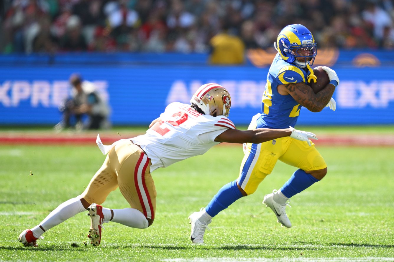 The San Francisco 49ers and the Los Angeles Rams playing football in Melbourne, Australia.