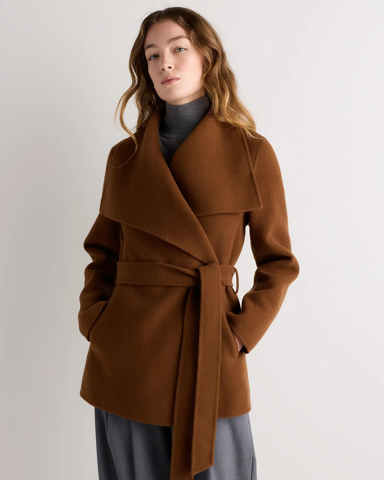 Double-Faced Merino Wool Draped Collar Short Wrap Coat