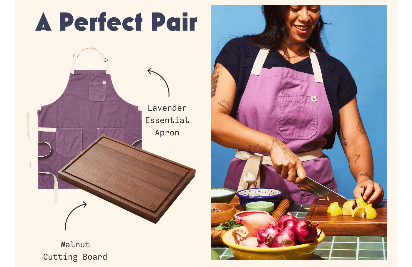 A Perfect Pair | Lavender Essential Apron | Walnut Cutting Board