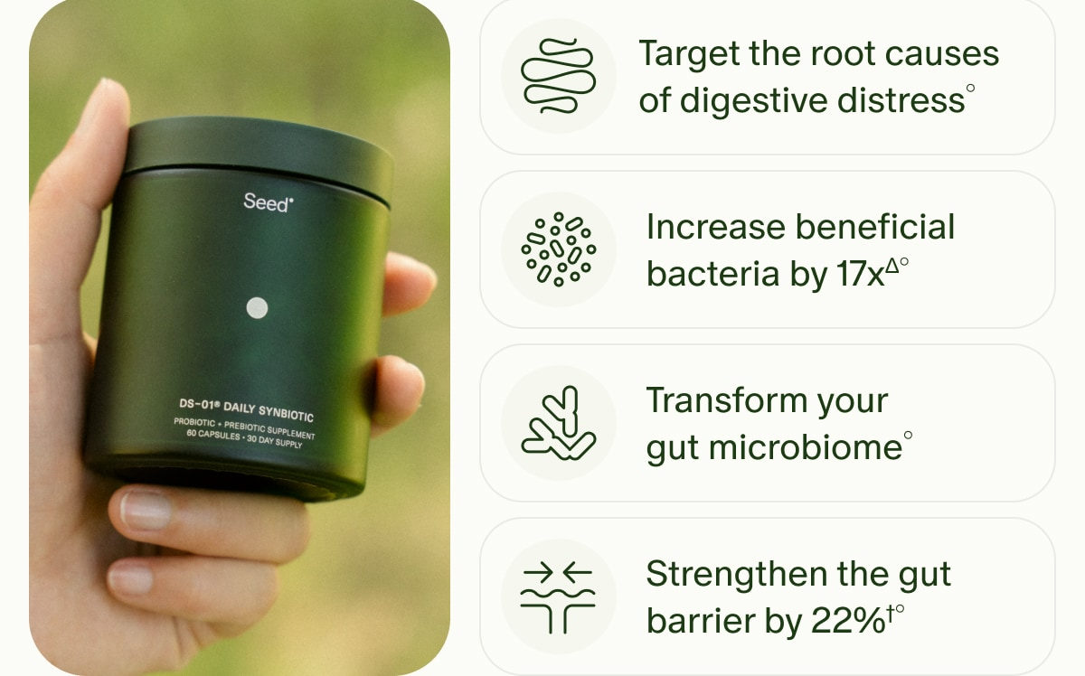 Target the root causes of digestive distress&deg; | Increase beneficial bacteria by 17x&Delta;&deg; | Transform your gut microbiome&deg; | Strengthen the gut barrier by 22%&dagger;&deg;
