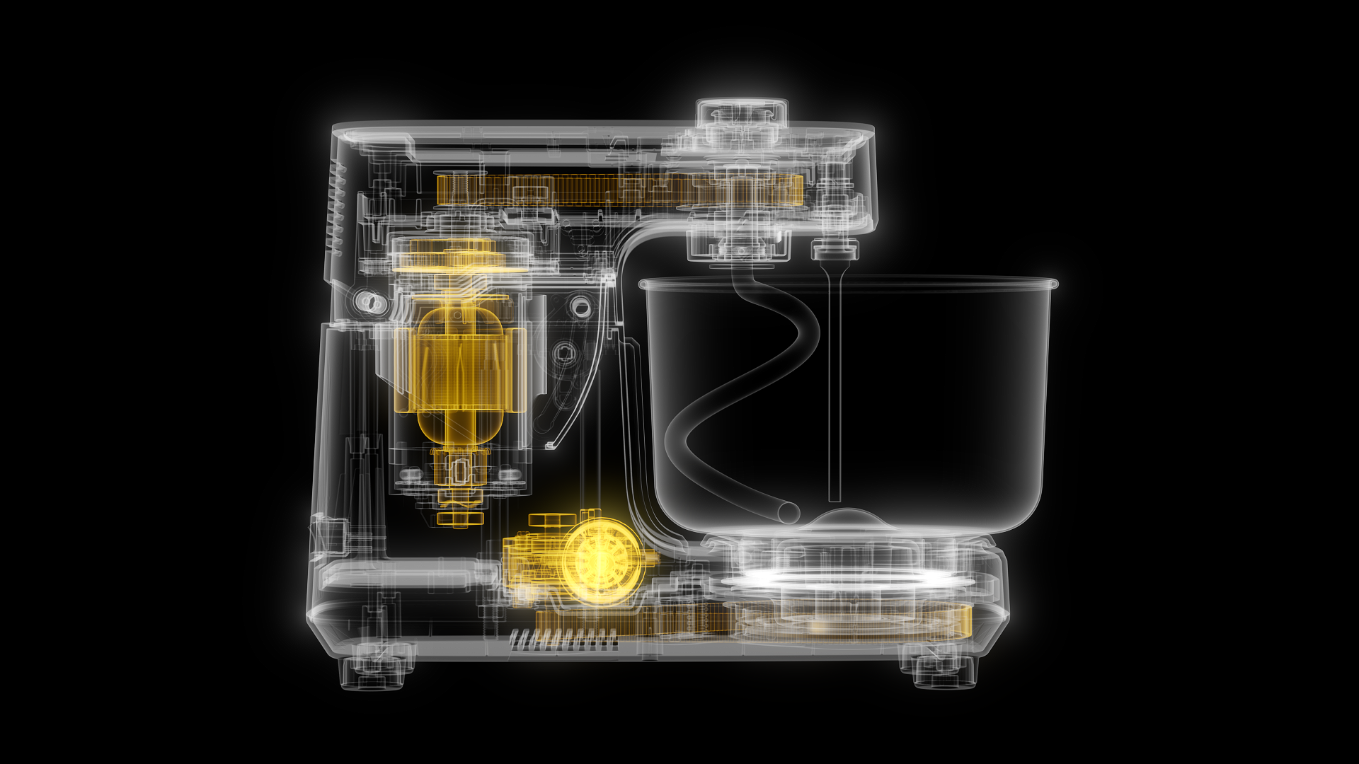 Ooni Halo Core spiral mixer internal components. X-ray style.