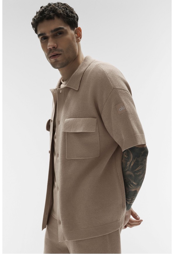 Sports Club Sweater Knit Short Sleeve Button Up - Gravel - Gravel / M