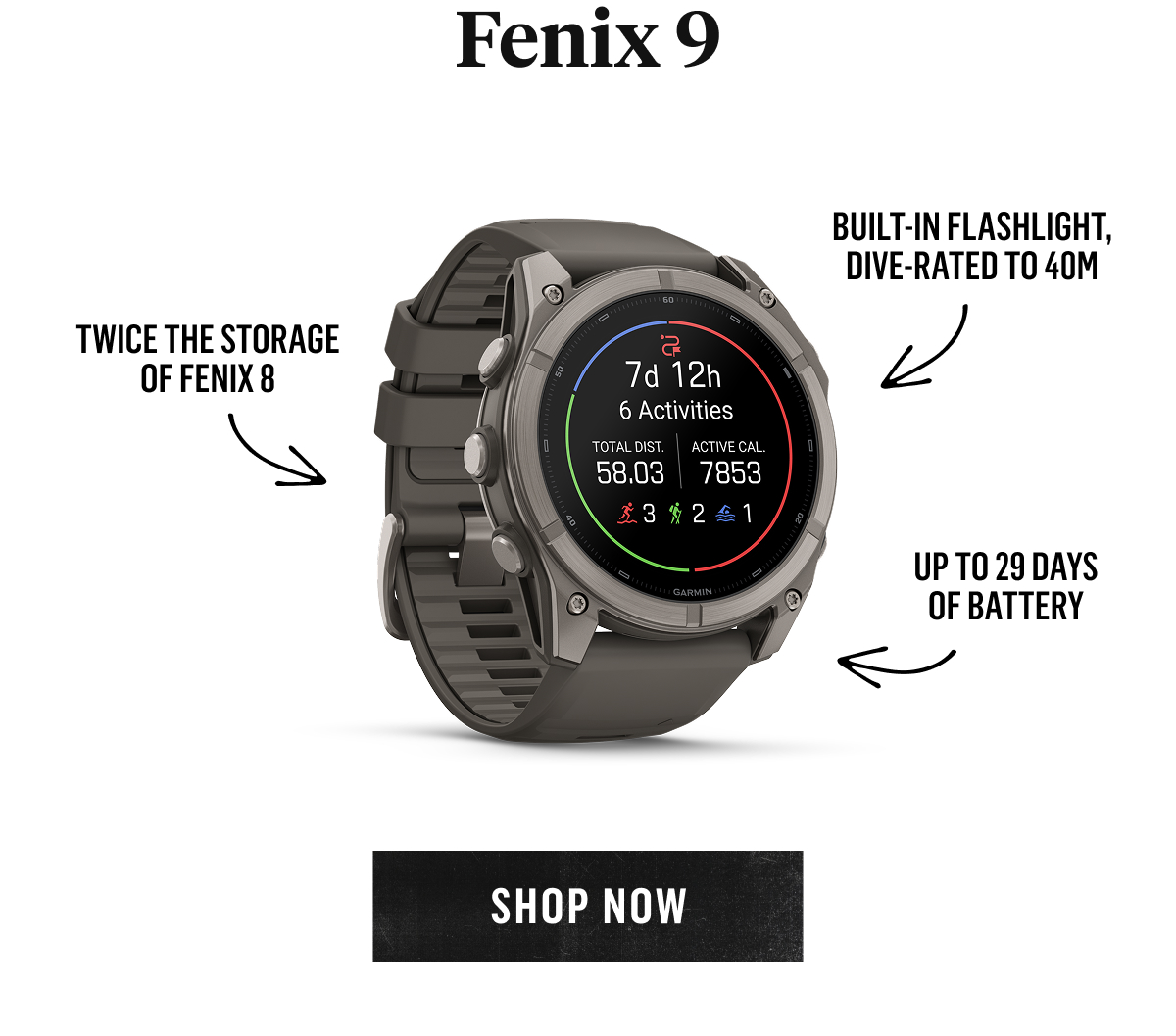 Garmin Fenix 9: twice the storage of Fenix 8, up to 29 days of battery, dive-rated to 40m. Shop Now!