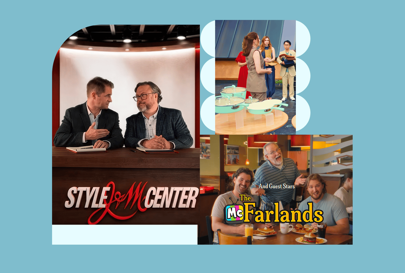 Still images from recent campaigns for Denny's, Johnston & Murphy, and JCPenney are featured in a collage.