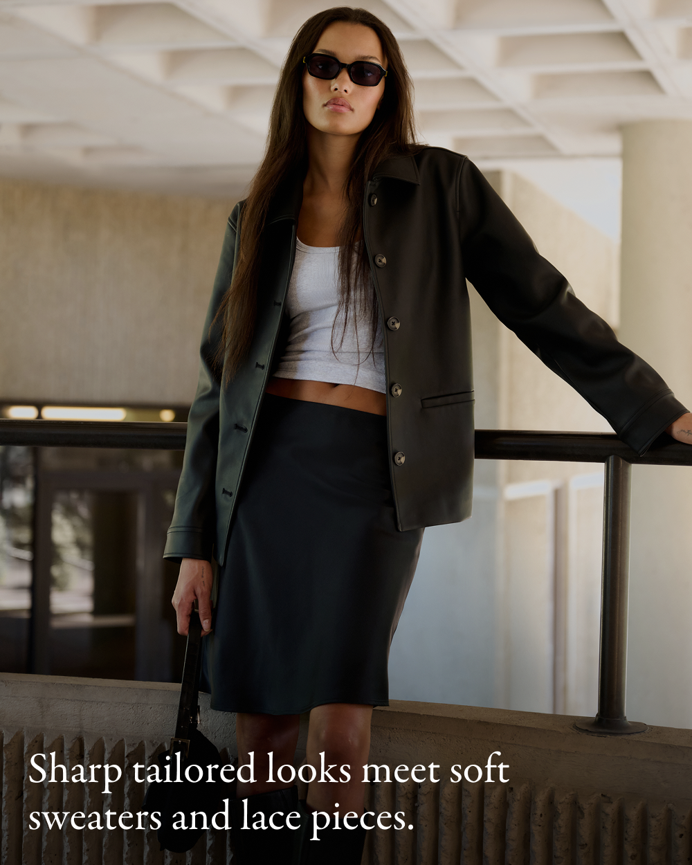 Sharp tailored looks meet soft sweaters and lace pieces.