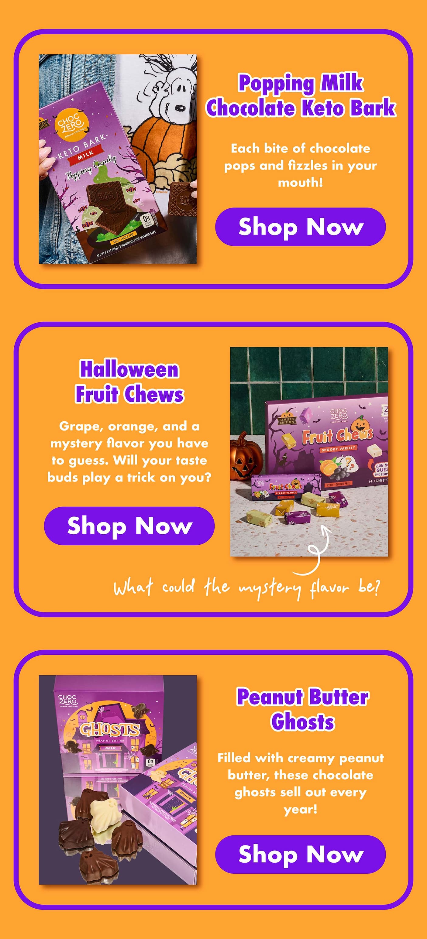 ChocZero Halloween treats featuring Popping Milk Chocolate Keto Bark, Halloween Fruit Chews, and Peanut Butter Ghosts.