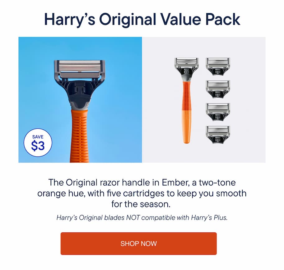 The Original razor handle in Amber, a two-tone metallic hue, with five cartridges to keep you smooth for the season. Shop Now
