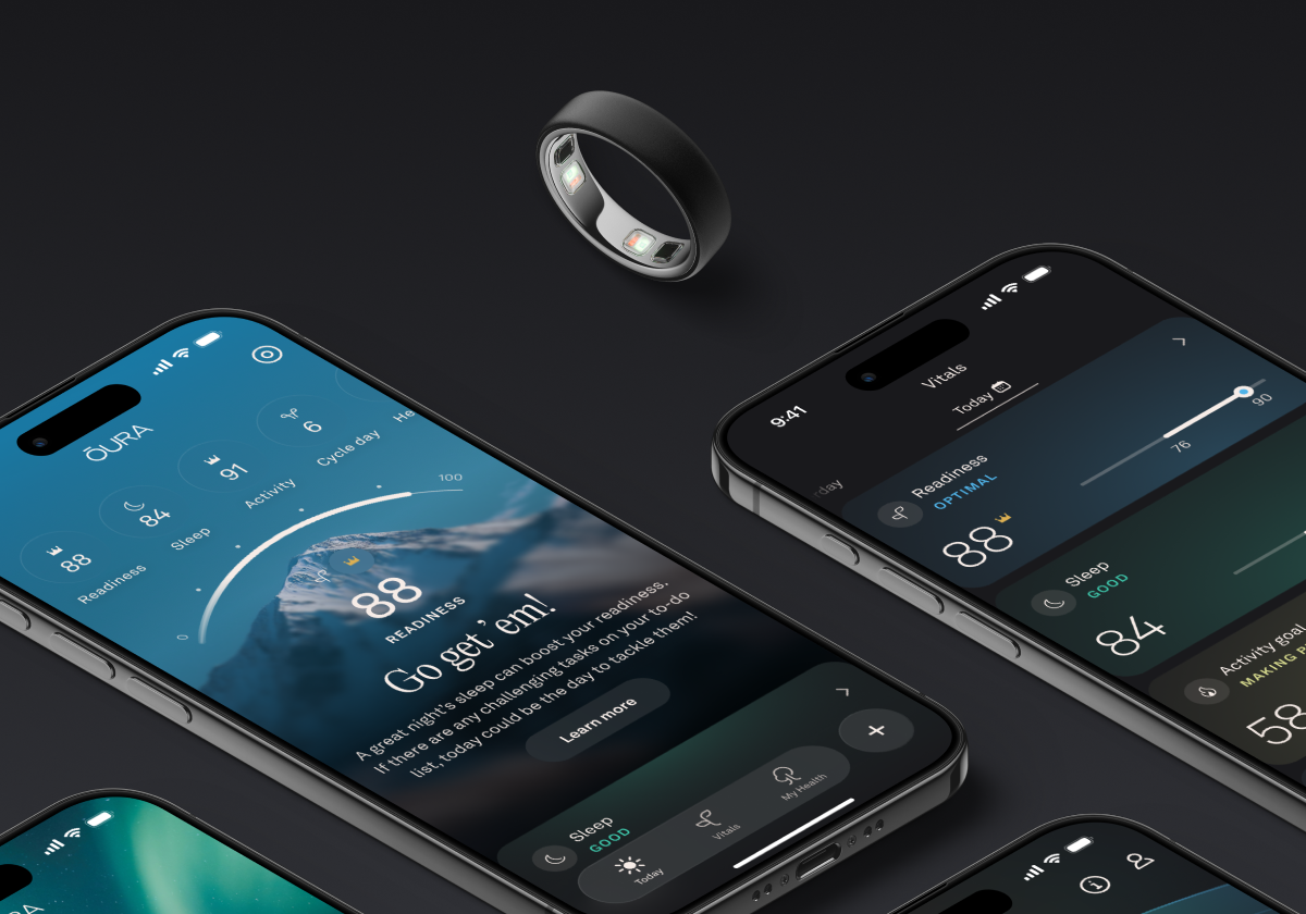 Oura Ring floating above two smartphones displaying the Oura app, showing a Readiness score of 88 with the message 