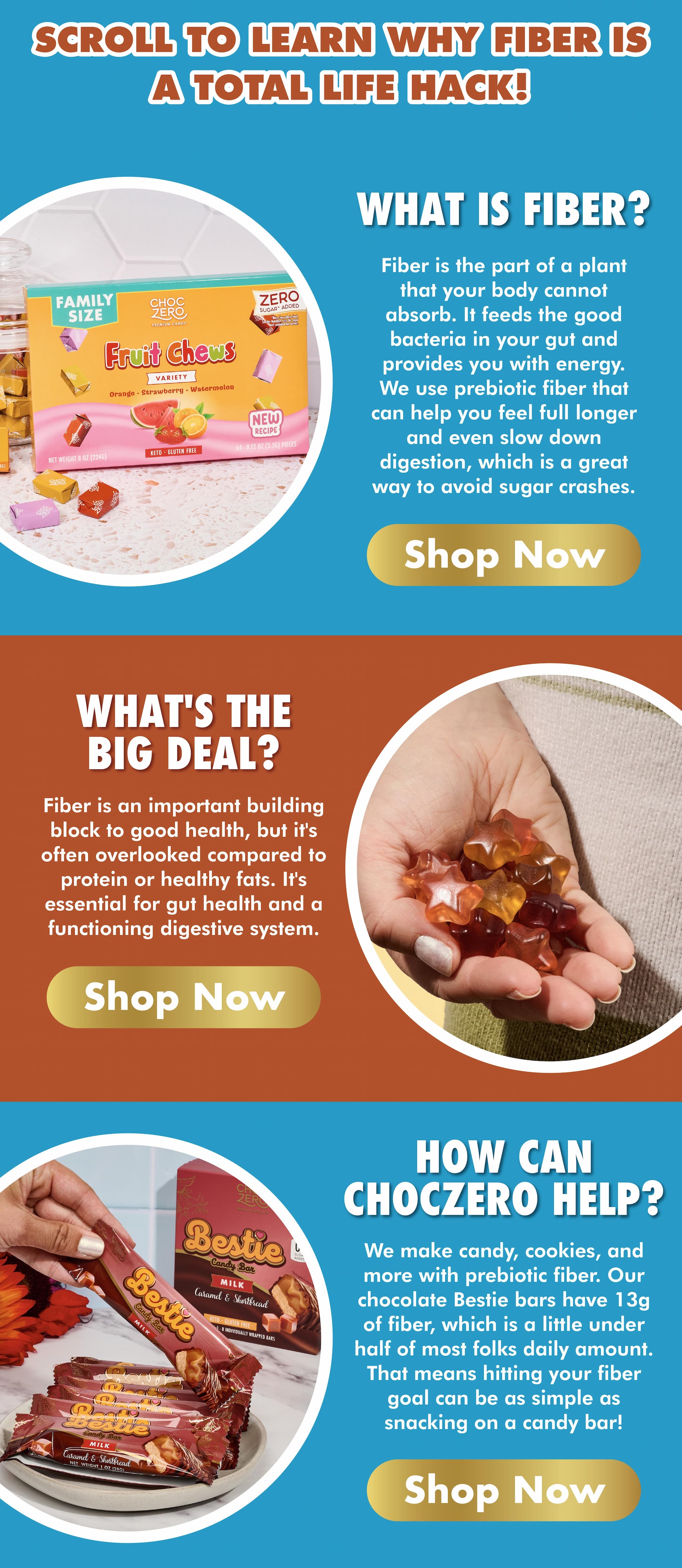 ChocZero Fruit Chews, Fruit Snacks, and Bestie Bars with prebiotic fiber.