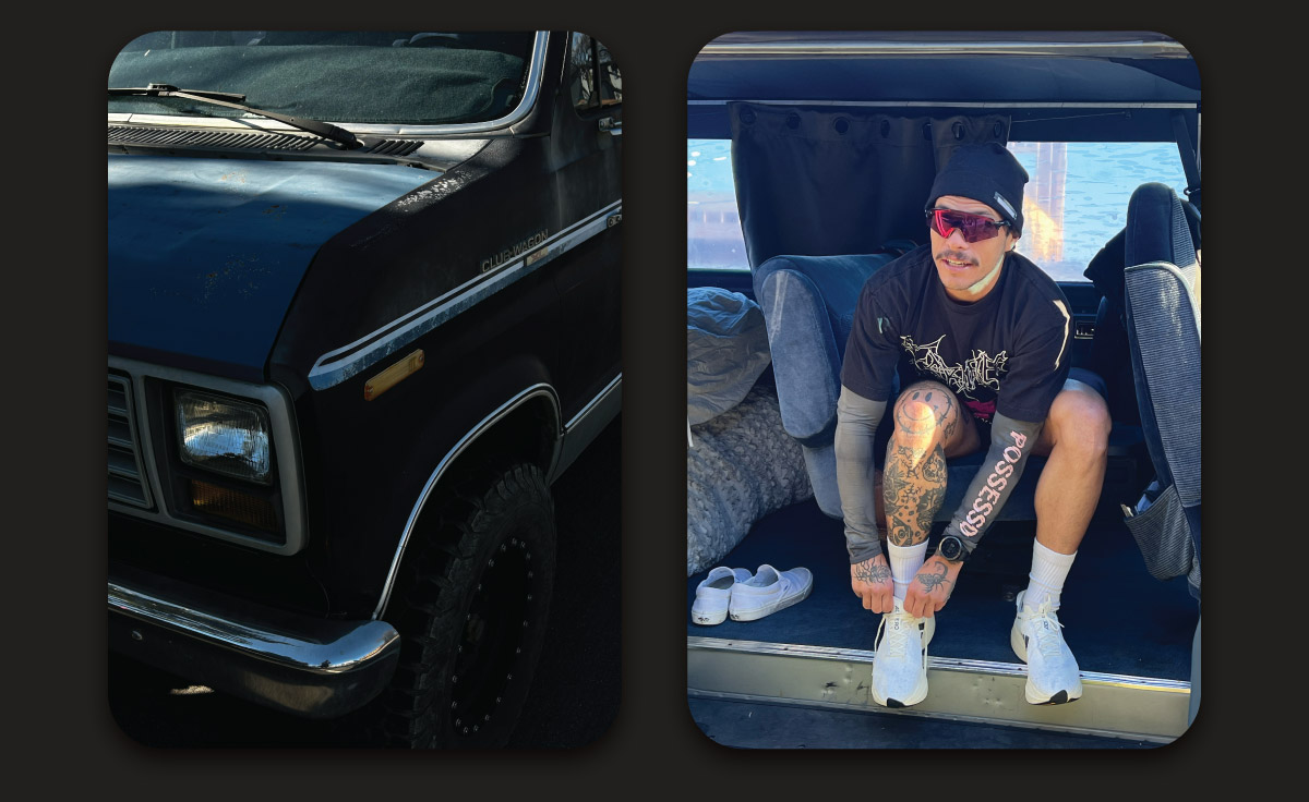 Photos of Max getting ready for race training inside his rig