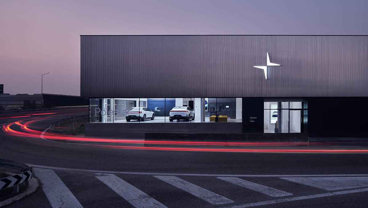 Polestar space in Milan, Italy. Shot from outside at dusk.
