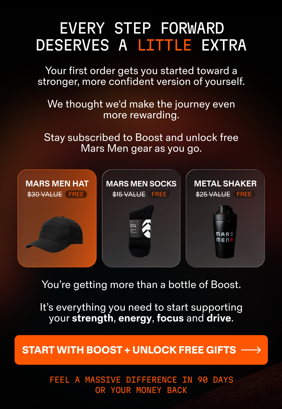 Stay subscribed to Boost and unlock a free hat, socks, and shaker.