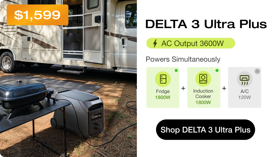 "DELTA 3 Ultra Plus $1,599" "AC Output 3600W" "Fridge 1800W"	"Induction Cooker 1800W"	"A/C 120W" Shop DELTA 3 Ultra Plus	