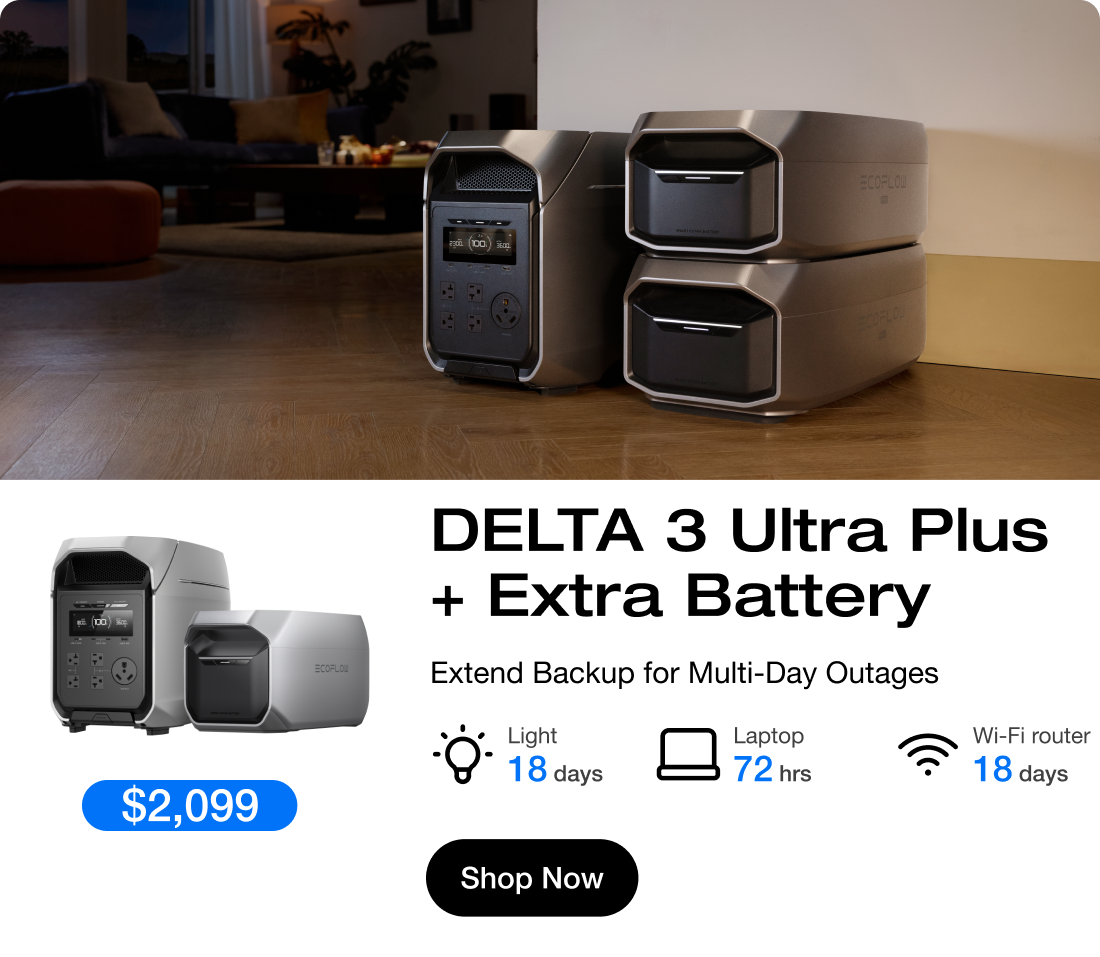 " $2,099 $2,899"	"DELTA 3 Ultra Plus + Extra Battery Extend Backup for Multi-Day Outages" "Light 18 days"	"Laptop 72 hrs"	"Wi-Fi router 18 days"