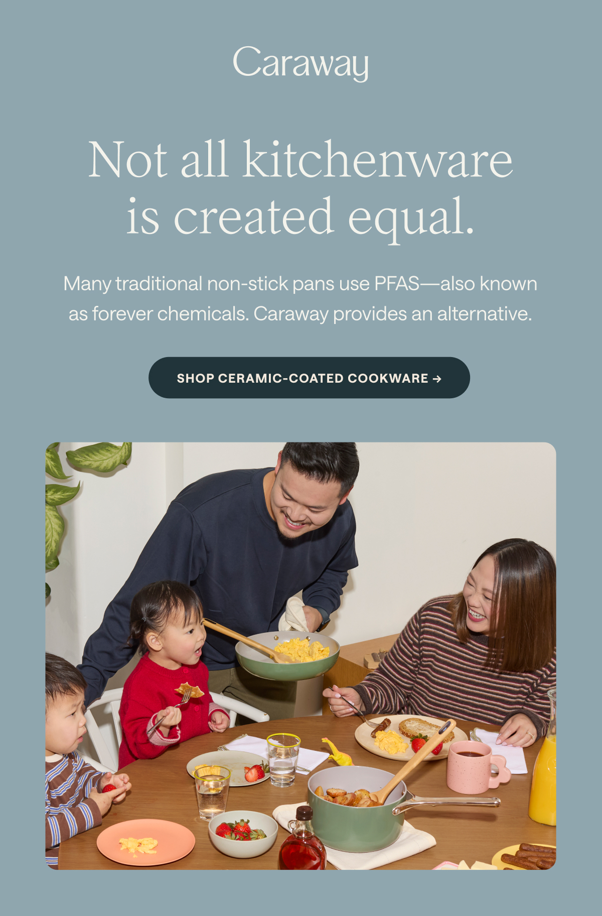 Caraway Not all kitchenware is created equal. Many traditional non-stick pans use PFAS&mdash;also known as forever chemicals. Caraway provides an alternative. [[SHOP CERAMIC-COATED COOKWARE &rarr;]]