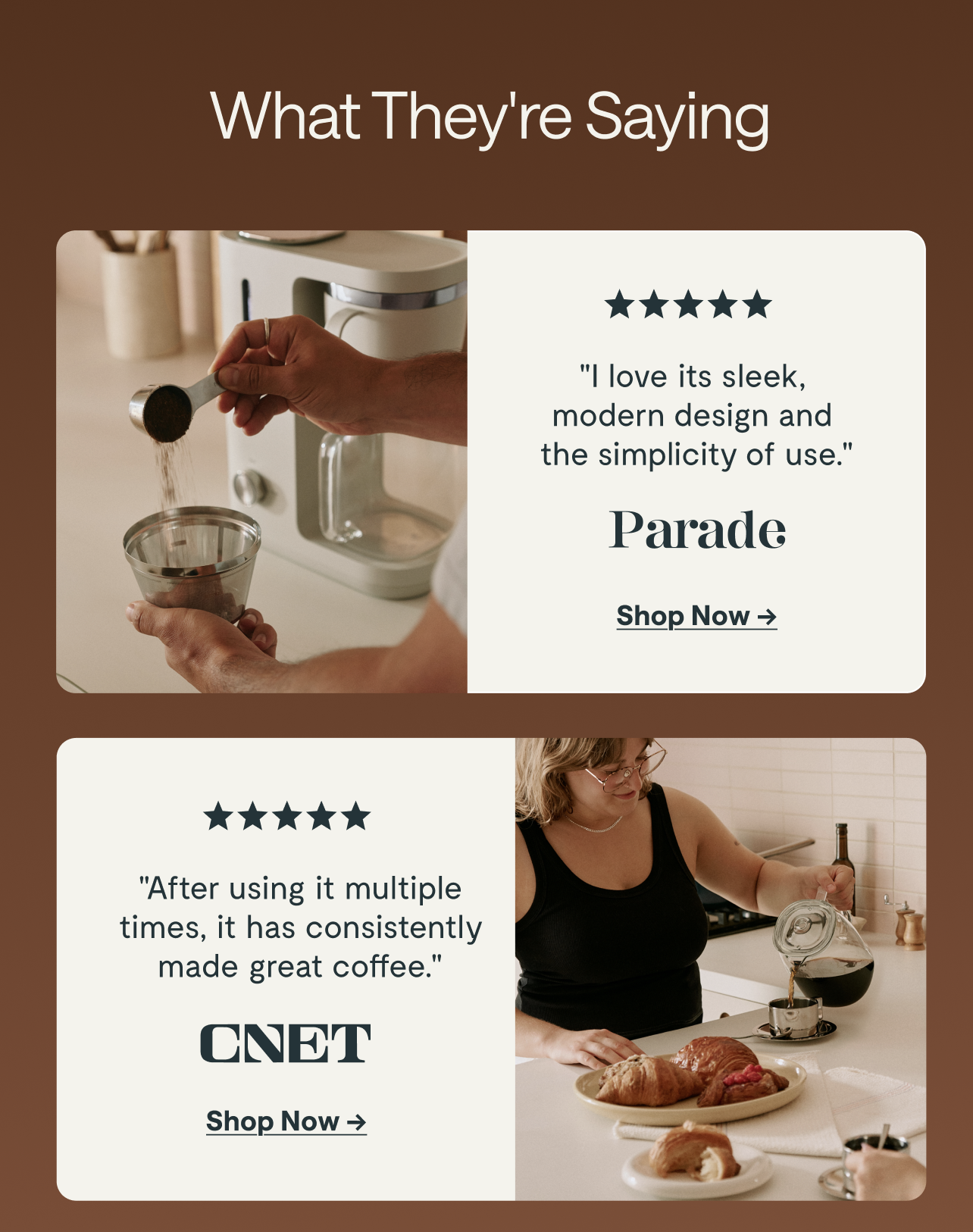 What They're Saying  ★★★★★ GOOD HOUSEKEEPING [[Shop Now &rarr;]]  ★★★★★ HOUSE & GARDEN [[Shop Now &rarr;]]  Different by Design  ✓ Full Pot, Quiet Brew ✓ Clean Materials, No Compromises ✓ Easy to Use, Easier To Trust What's Inside