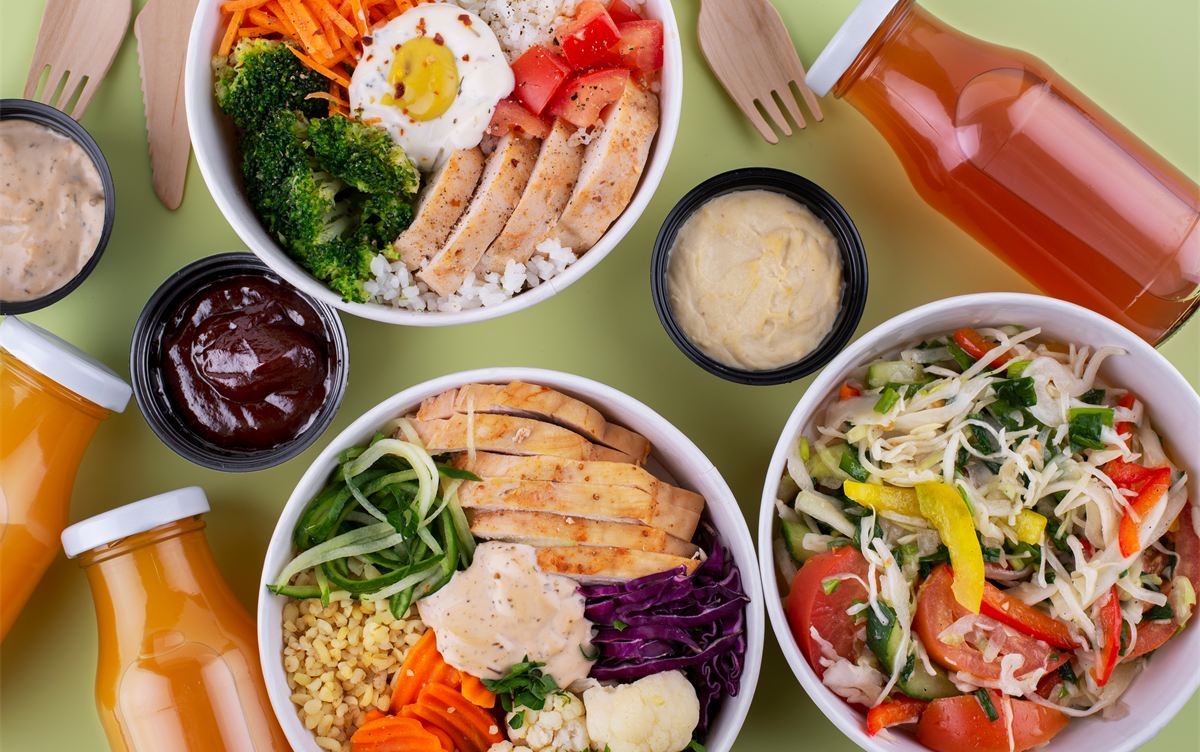 A spread of colorful meals and drinks